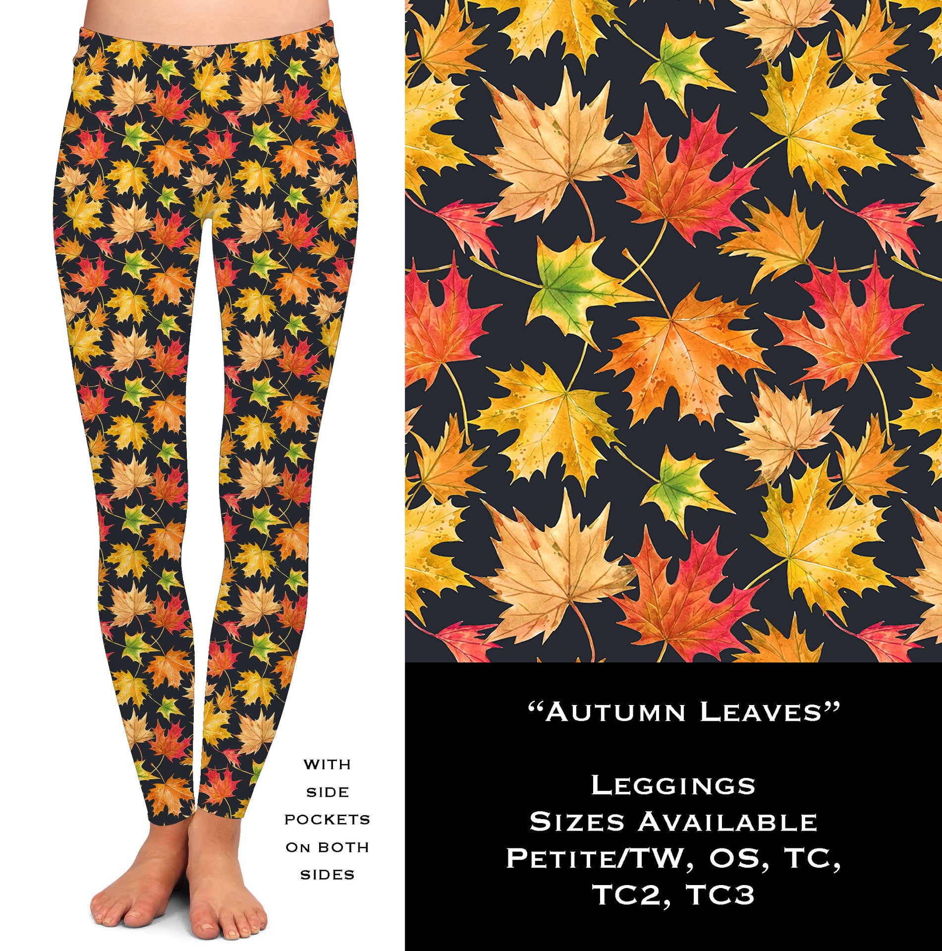 Colorful Fall Leaves Autumn Leggings Multiple Sizes Super Soft w/POCKETS