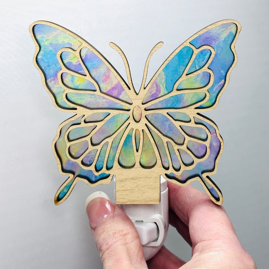 Butterfly Handmade Night Light Iridescent Subtle Color Soft Glow LED Decorative Lighting Fixture Sustainable Wood Acrylic Flex Material Unique Design
