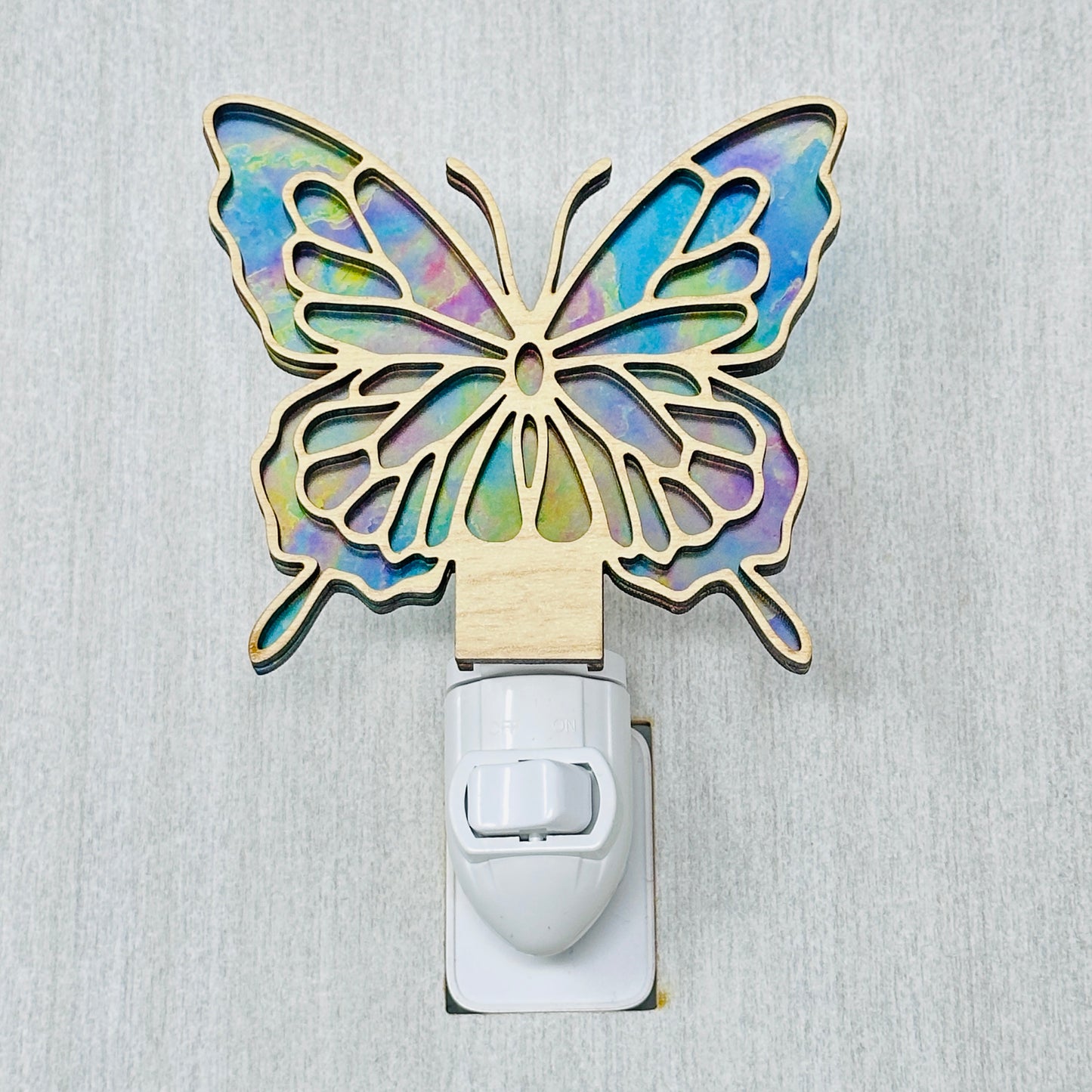 Butterfly Handmade Night Light Iridescent Subtle Color Soft Glow LED Decorative Lighting Fixture Sustainable Wood Acrylic Flex Material Unique Design