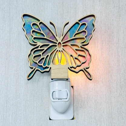 Butterfly Handmade Night Light Iridescent Subtle Color Soft Glow LED Decorative Lighting Fixture Sustainable Wood Acrylic Flex Material Unique Design