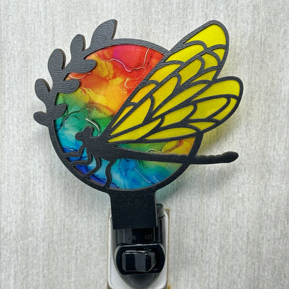 Dragonfly Rainbow Stained Glass Style Night Light Plug In Wall Decor Multicolor Handcrafted Handmade