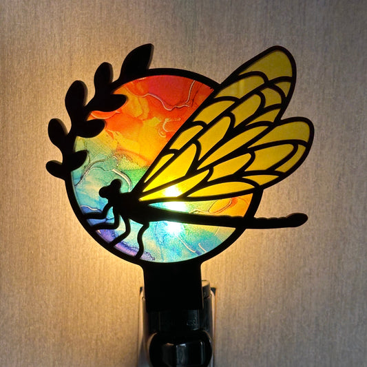 Dragonfly Rainbow Stained Glass Style Night Light Plug In Wall Decor Multicolor Handcrafted Handmade