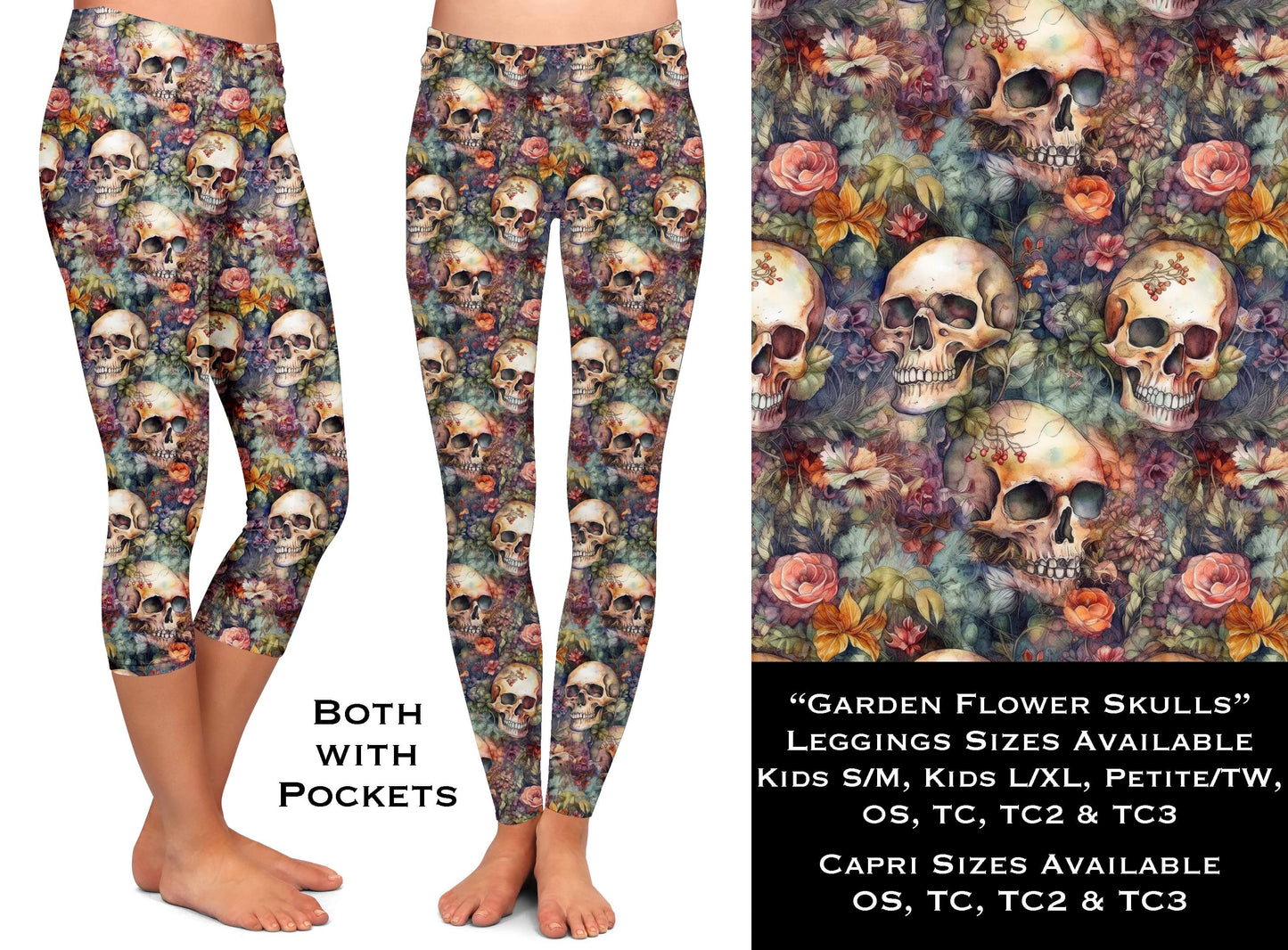 Garden Flower Skulls Leggings & Capris with Pockets