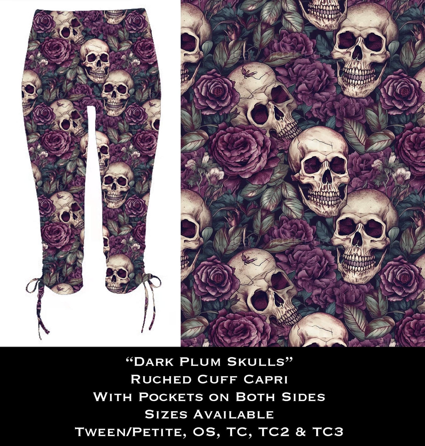 Dark Plum Skulls Ruched Cuff Capris with Side Pockets