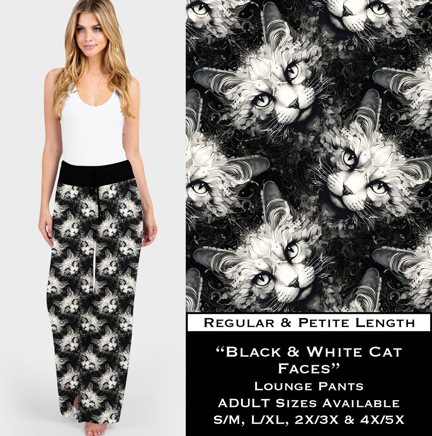 Black & White Cat Faces Lounge Pants