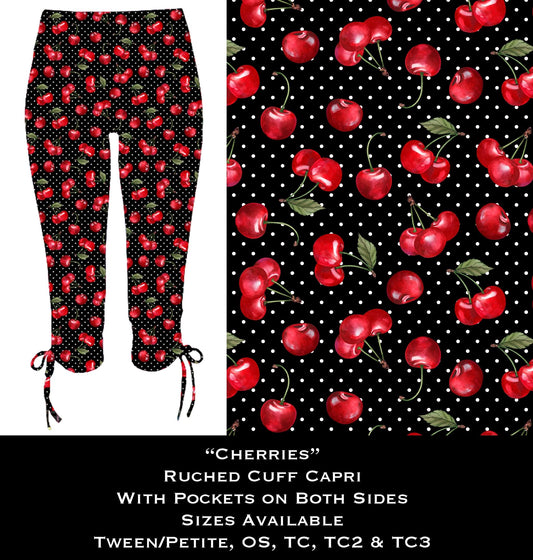 Cherries Ruched Cuff Capris with Side Pockets