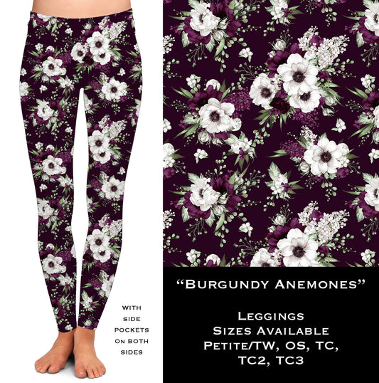 Burgundy Anemones - Leggings with Pockets