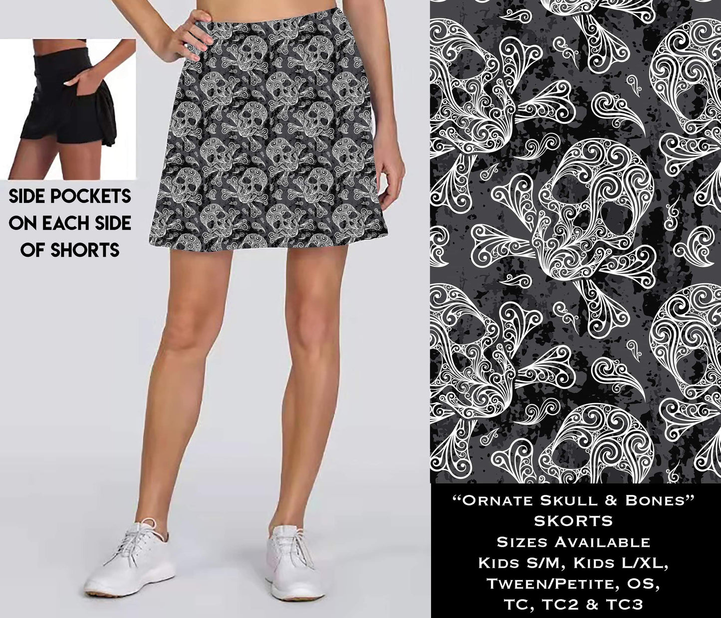 Ornate Skull & Bones Skort with Pockets