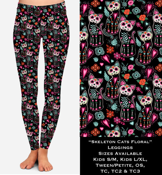 Skeleton Cats Floral - Leggings